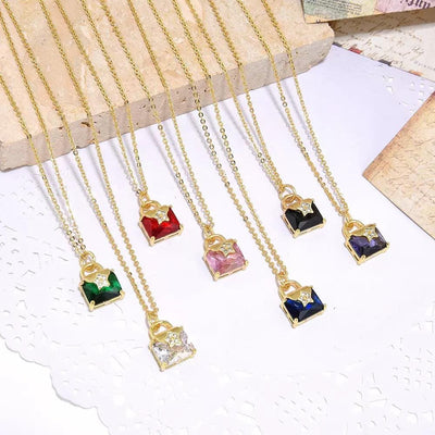 Sparkling Square Crystal Charm Necklace | Gold Plated Color Gem Pendant | Minimal Gift Necklace