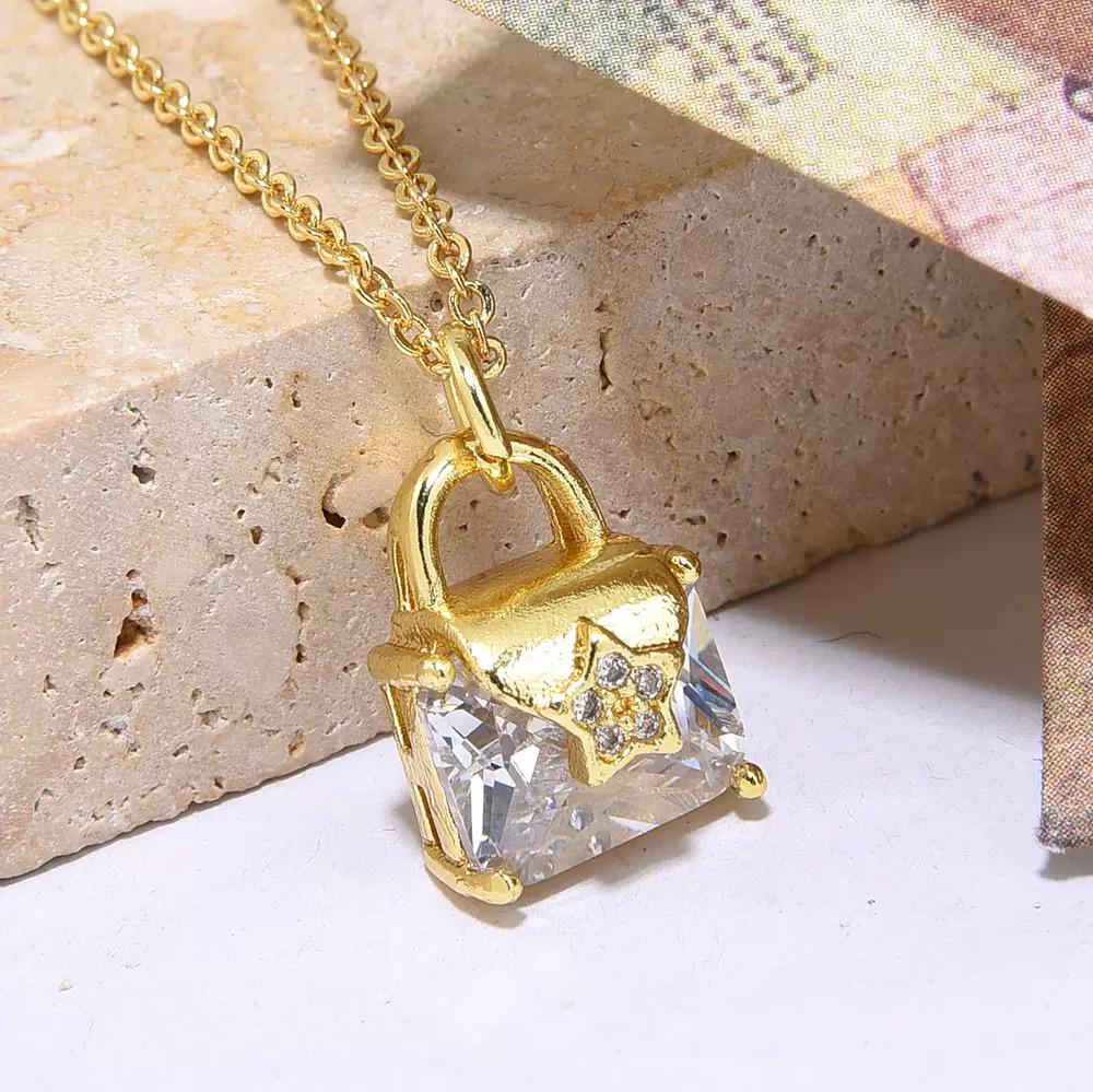Sparkling Square Crystal Charm Necklace | Gold Plated Color Gem Pendant | Minimal Gift Necklace