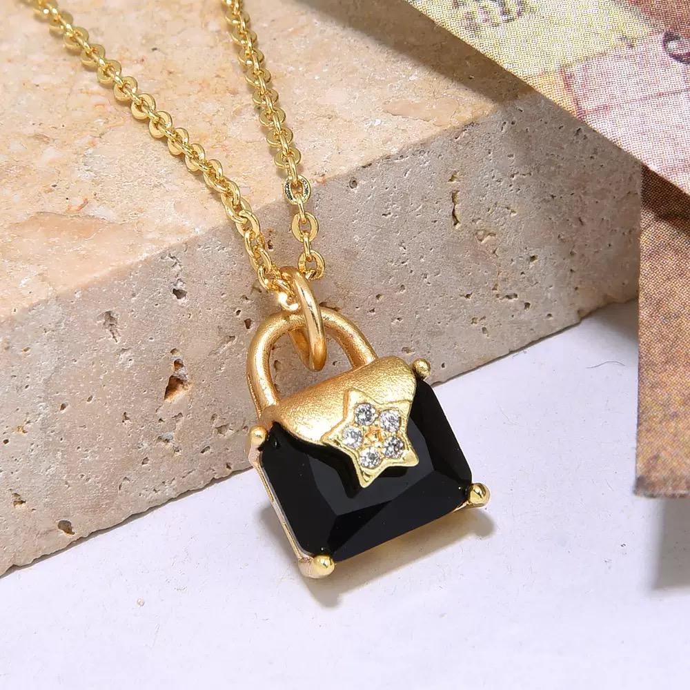 Sparkling Square Crystal Charm Necklace | Gold Plated Color Gem Pendant | Minimal Gift Necklace
