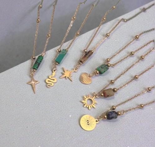 Dainty Gold Stone Charm Necklace  Natural Gemstone Pendant   Boho Star, Sun, Heart, Snake, Coin