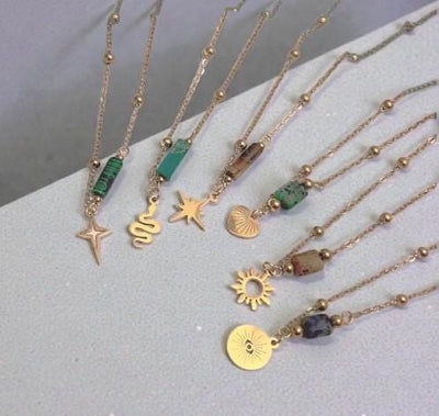 Dainty Gold Stone Charm Necklace  Natural Gemstone Pendant   Boho Star, Sun, Heart, Snake, Coin