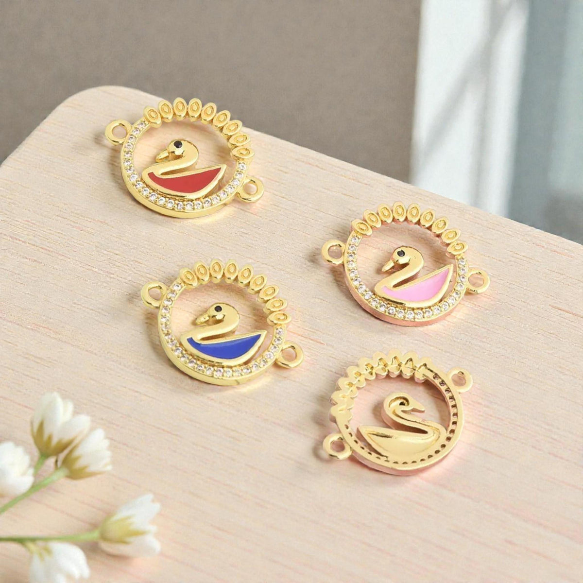 18K Gold Swan Zircon Connector Charm | Elegant DIY Jewelry Making