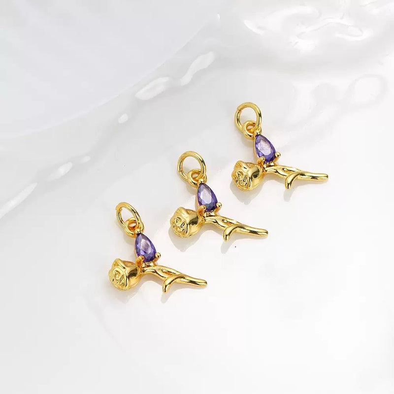 18K Gold Plated Rose Charms | Teardrop Zircon Gem Flower Charm