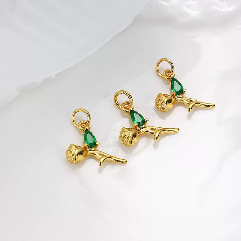 18K Gold Plated Rose Charms | Teardrop Zircon Gem Flower Charm