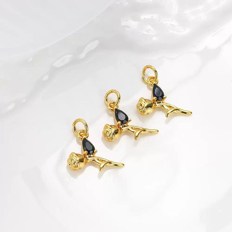 18K Gold Plated Rose Charms | Teardrop Zircon Gem Flower Charm