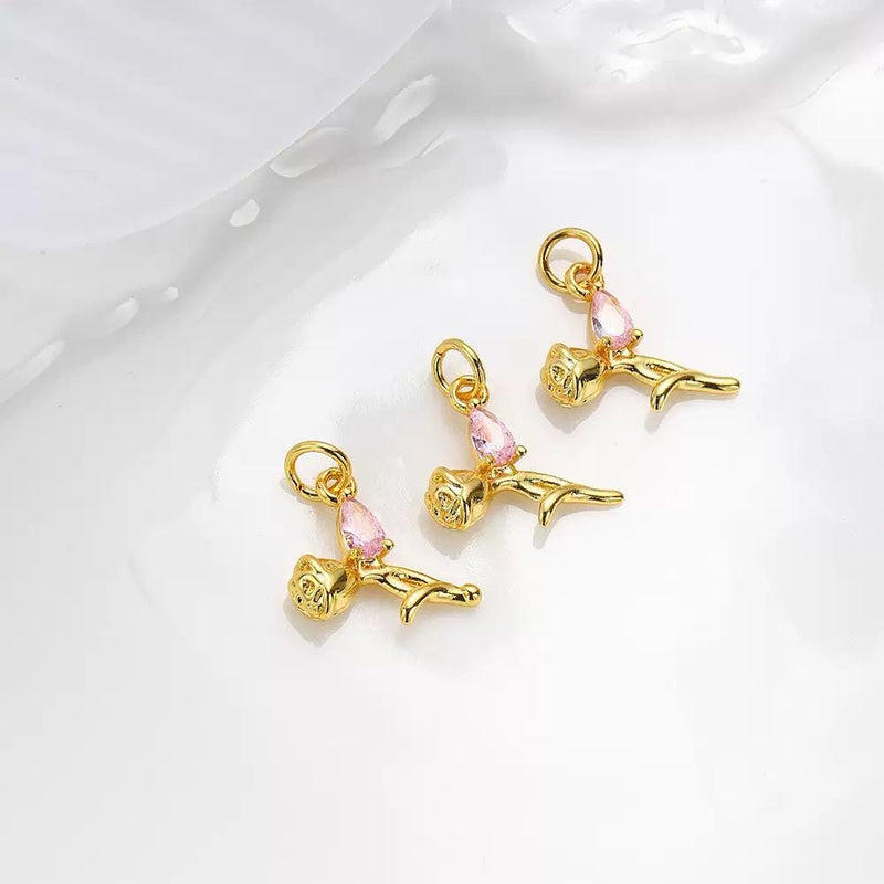 18K Gold Plated Rose Charms | Teardrop Zircon Gem Flower Charm
