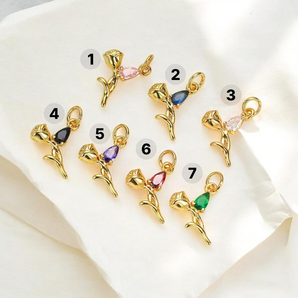 18K Gold Plated Rose Charms | Teardrop Zircon Gem Flower Charm