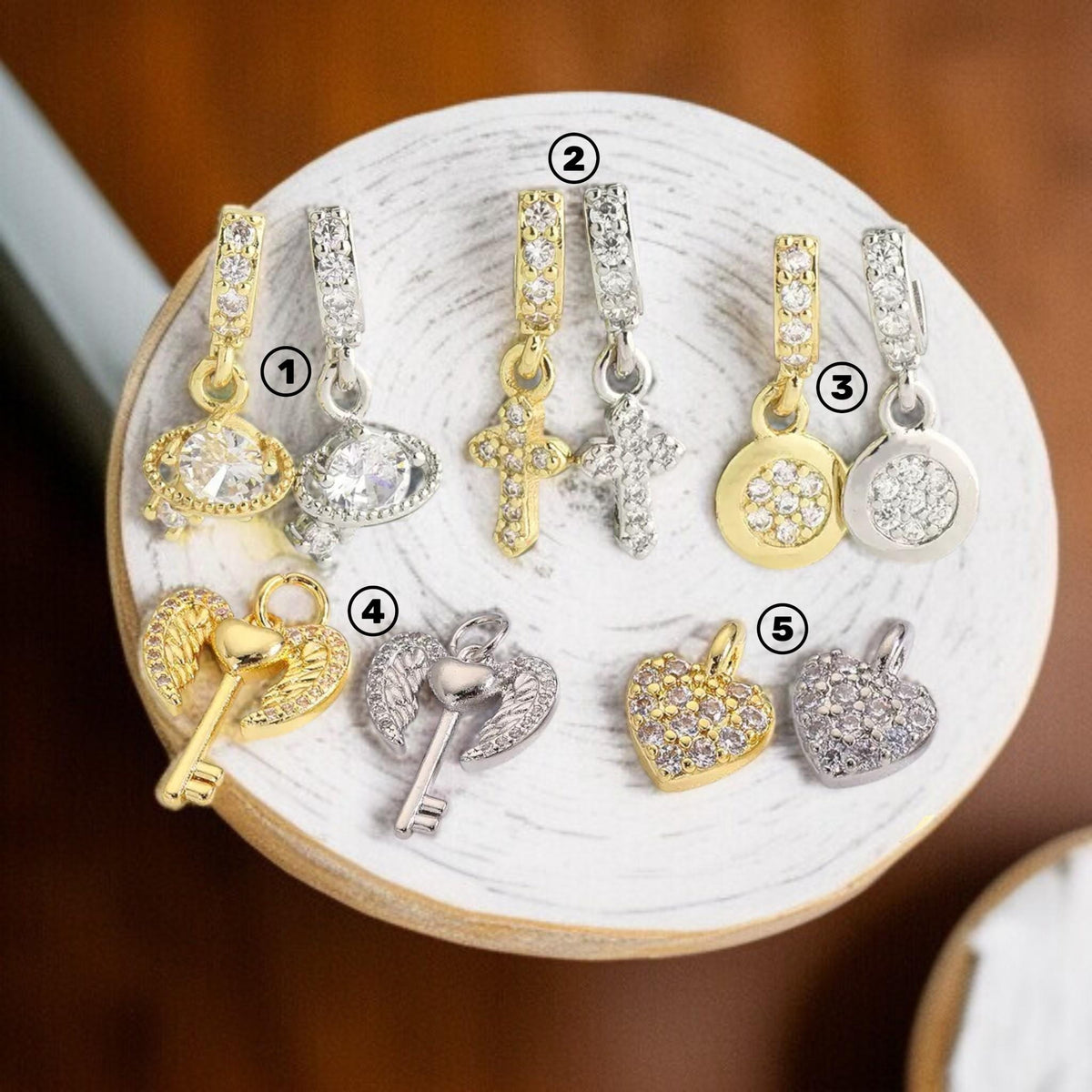 Gold & Silver Charm Set | Cross, Angel Key, Heart , Crystal Pendant Charms for Necklaces , Bracelets