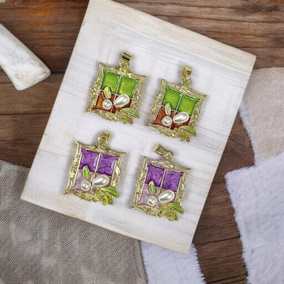 18K Gold Plated Floral Window Pendant | Enamel Art Charm with Pearl Accent | Vintage Style Necklace Charm