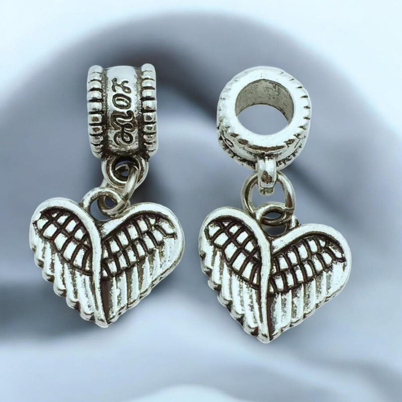 Angel Wing Heart Charm Antique Silver Dangle Bead for Bracelet Necklace