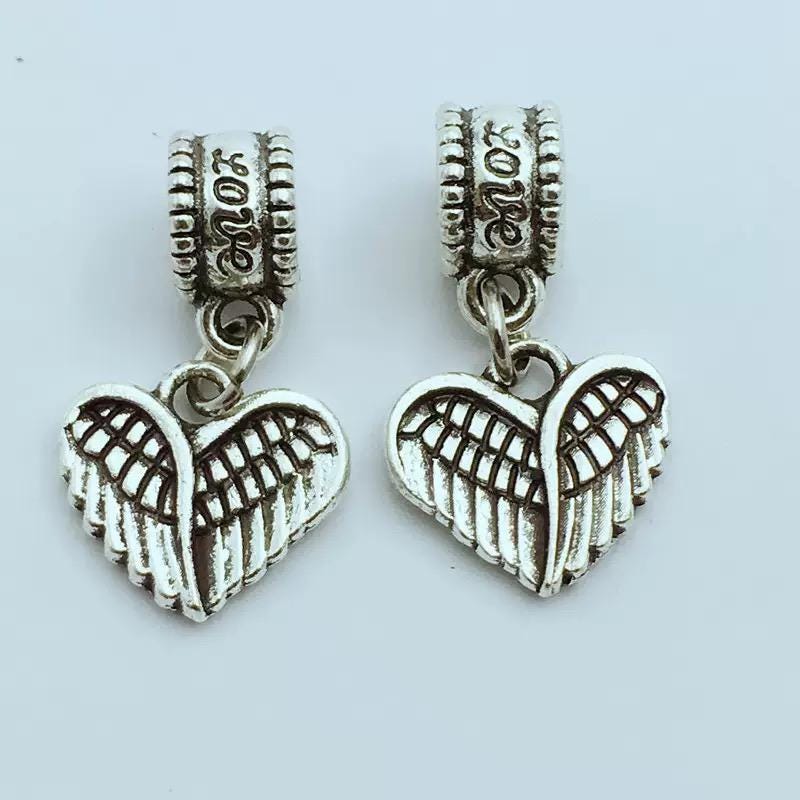 Angel Wing Heart Charm Antique Silver Dangle Bead for Bracelet Necklace