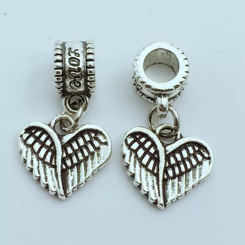 Angel Wing Heart Charm Antique Silver Dangle Bead for Bracelet Necklace