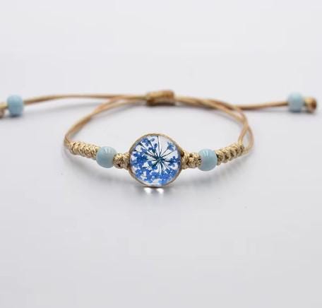 Boho Glass Flower Bracelet  Adjustable Cord   Handwoven Bohemian Jewelry  Dainty Floral Charm
