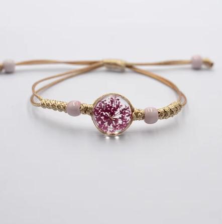 Boho Glass Flower Bracelet  Adjustable Cord   Handwoven Bohemian Jewelry  Dainty Floral Charm
