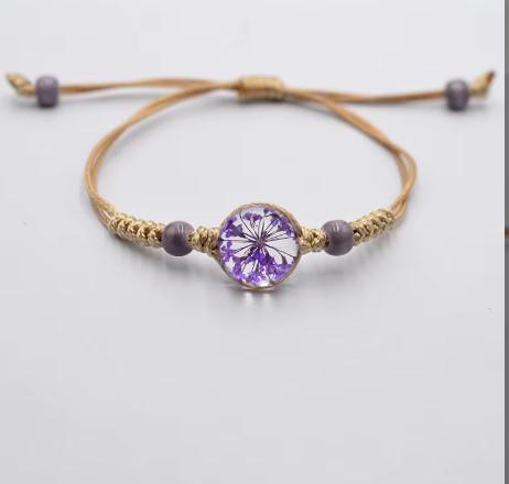 Boho Glass Flower Bracelet  Adjustable Cord   Handwoven Bohemian Jewelry  Dainty Floral Charm