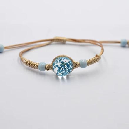 Boho Glass Flower Bracelet  Adjustable Cord   Handwoven Bohemian Jewelry  Dainty Floral Charm