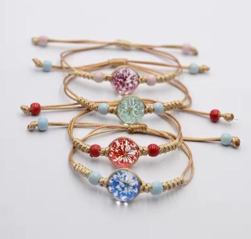 Boho Glass Flower Bracelet  Adjustable Cord   Handwoven Bohemian Jewelry  Dainty Floral Charm