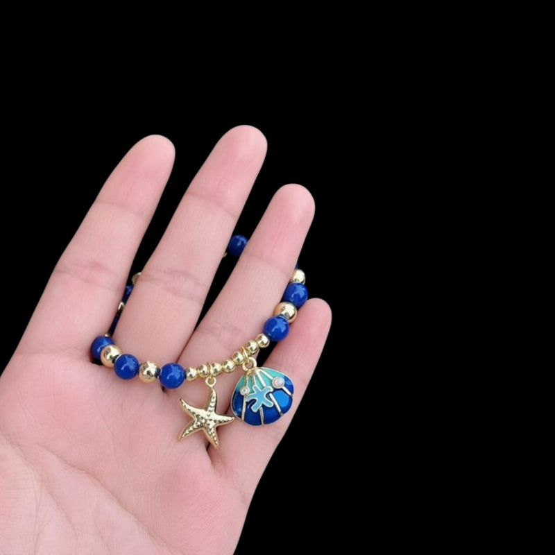 Gold Plated Sea Charm Bracelet  Blue Beaded Starfish  Shell Charm