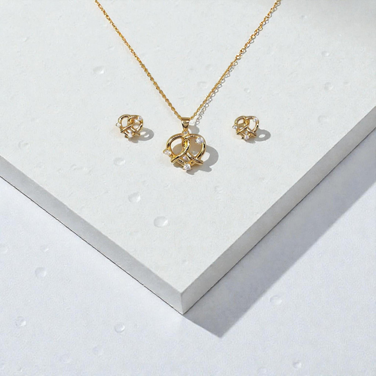 18K Gold Plated Pretzel Jewelry Set  Crystal Pretzel Necklace & Earrings