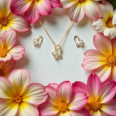 18K Gold Plated Heart Jewelry Set  Delicate Triple Heart Necklace & Earrings with Crystal Accents