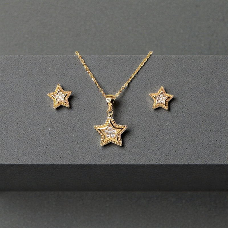18K gold-plated star jewelry set, featuring a dazzling crystal star pendant and matching stud earrings