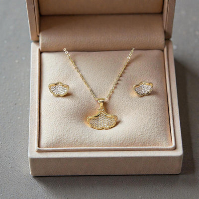 Gold Ginkgo Leaf Jewelry Set  Necklace & Earrings  Symbol of Longevity, Hope , Endurance