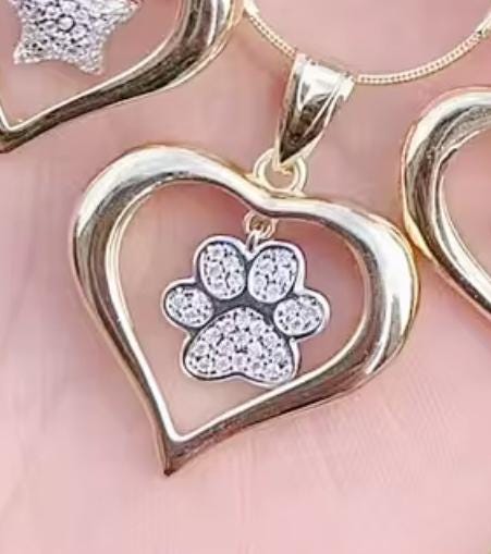 Heart Paw Print Necklace  Pet Lover Gift  Crystal Paw Pendant