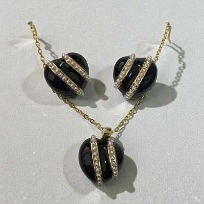 Black Heart Jewelry Set  Pearl Stripe Necklace & Earrings