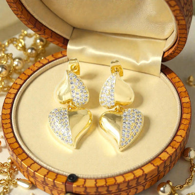 Gold Double Heart Earrings  Crystal Half Pave Drops  Elegant Statement Jewelry Gift