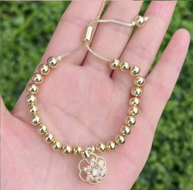 Gold Beaded Spin Bracelet  Flower Charm Adjustable Bangle  Dainty Gold Plated Jewelry