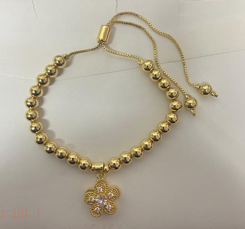 Gold Beaded Spin Bracelet  Flower Charm Adjustable Bangle  Dainty Gold Plated Jewelry