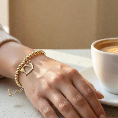 Gold Beaded Bracelet  Crystal Snail Charm  Adjustable Gold Plated Bangle