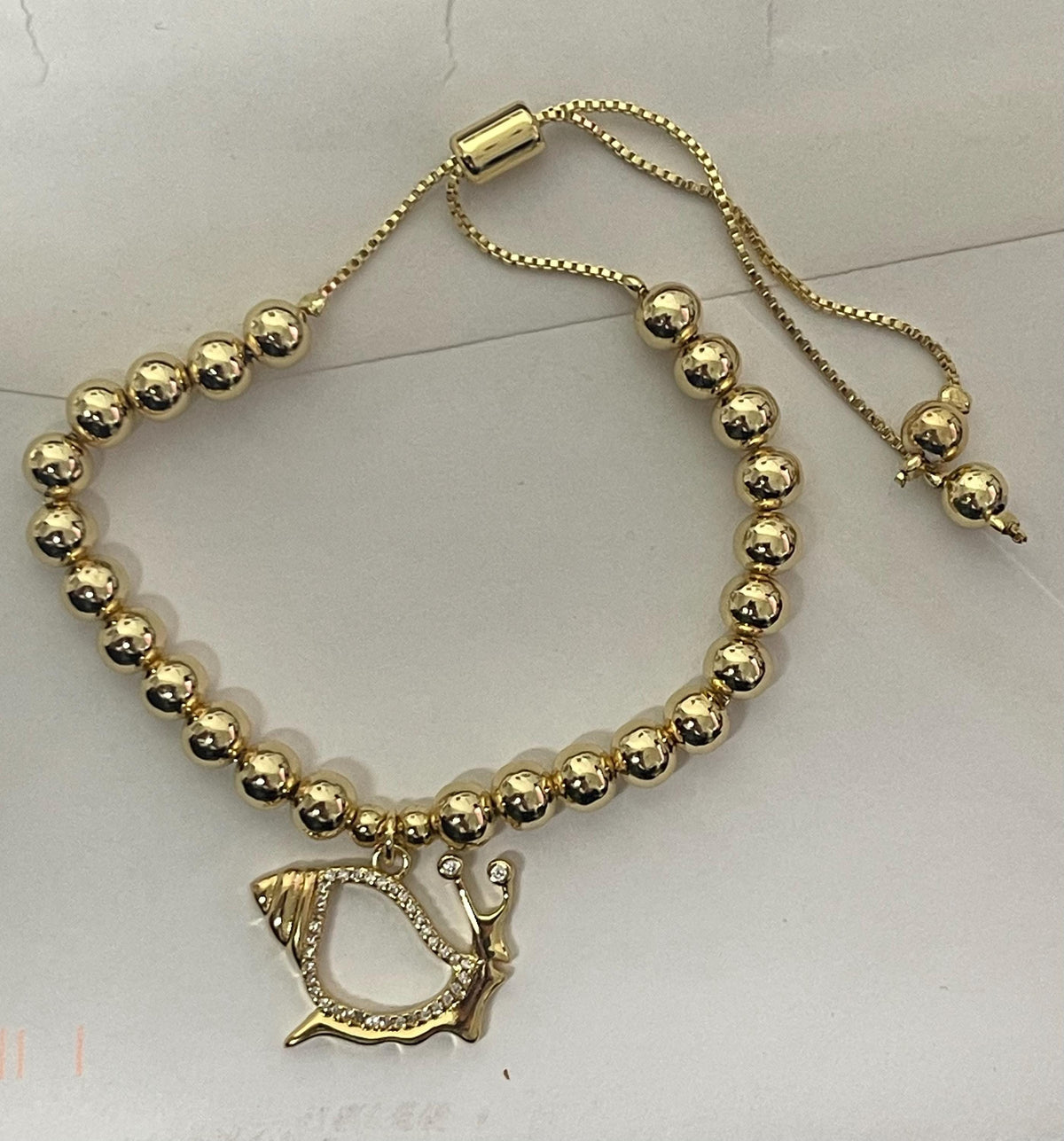 Gold Beaded Bracelet  Crystal Snail Charm  Adjustable Gold Plated Bangle