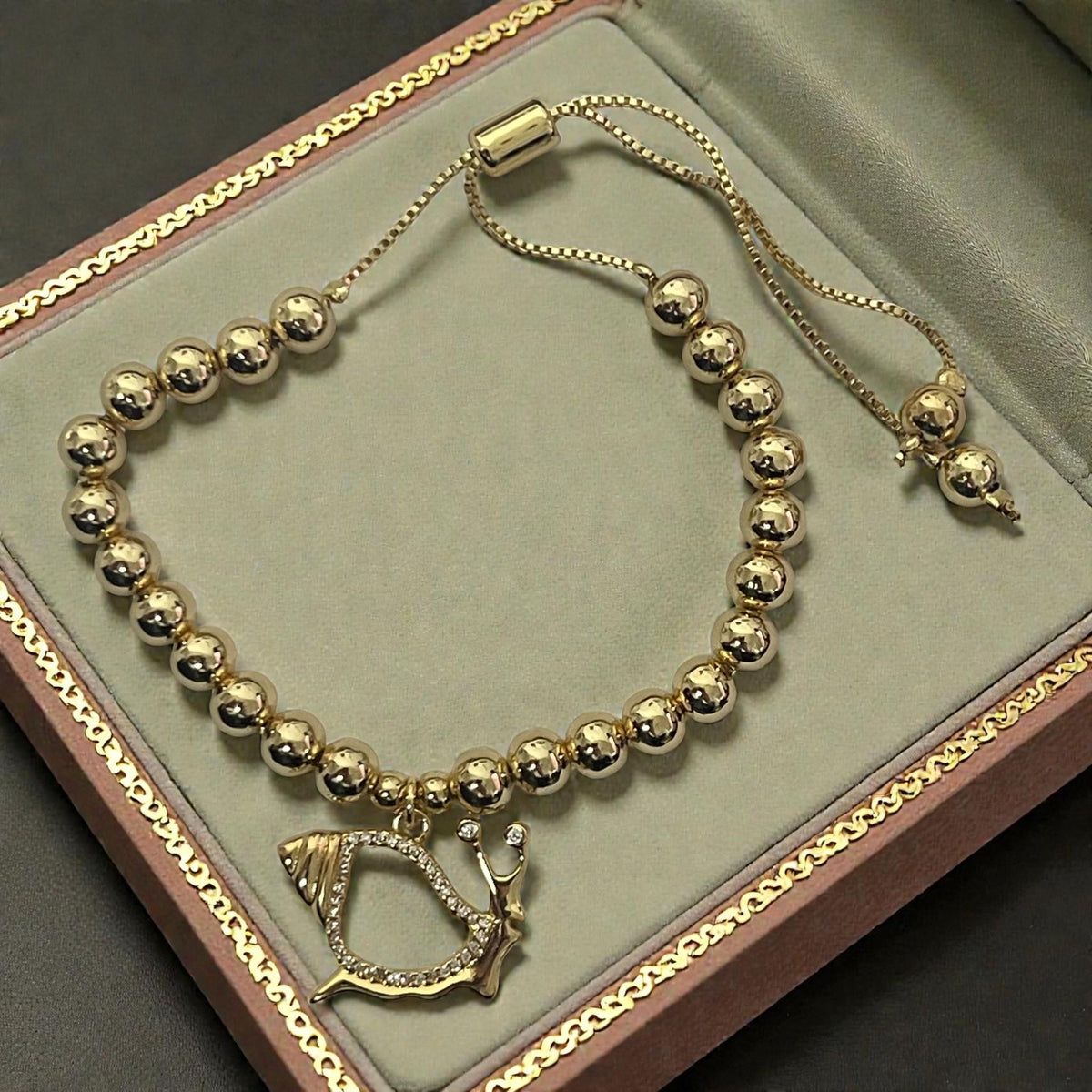 Gold Beaded Bracelet  Crystal Snail Charm  Adjustable Gold Plated Bangle