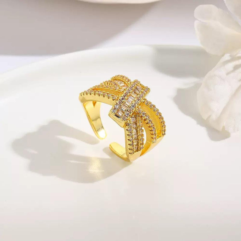 Gold Plated Adjustable Rings  High Fashion Crystal Statement Rings  Trendy Open Band Jewelry