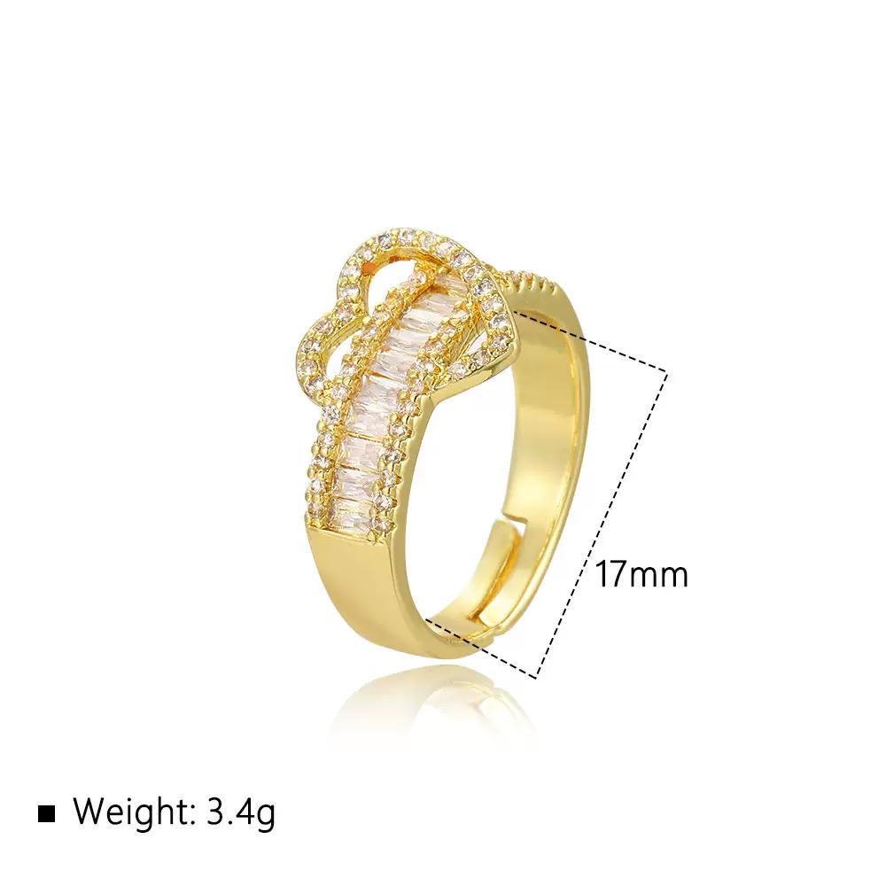 Gold Plated Adjustable Heart Ring  Baguette Crystal Open Band  Romantic Fashion Jewelry