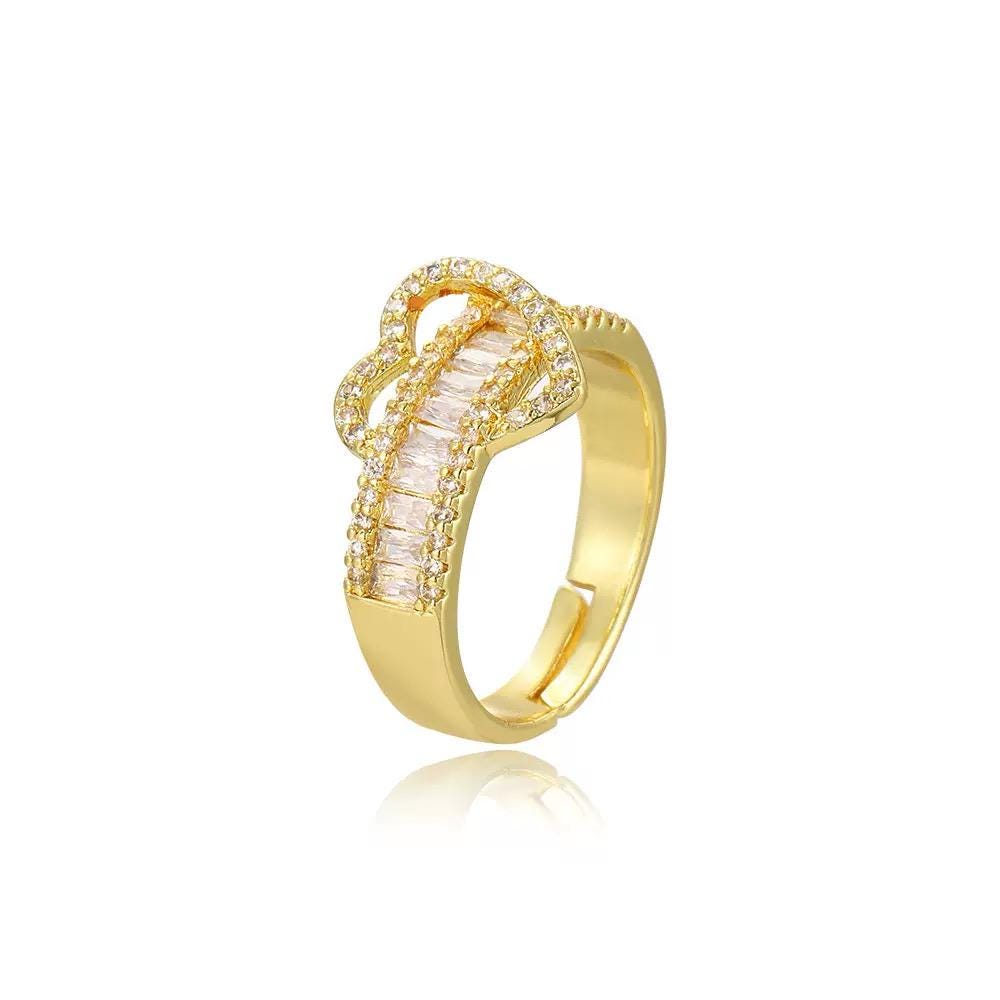 Gold Plated Adjustable Heart Ring  Baguette Crystal Open Band  Romantic Fashion Jewelry