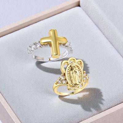 Gold Plated Faith Rings | Cross & Virgin Mary Adjustable Ring