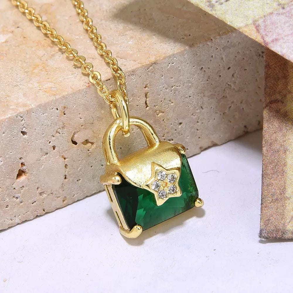 Sparkling Square Crystal Charm Necklace | Gold Plated Color Gem Pendant | Minimal Gift Necklace