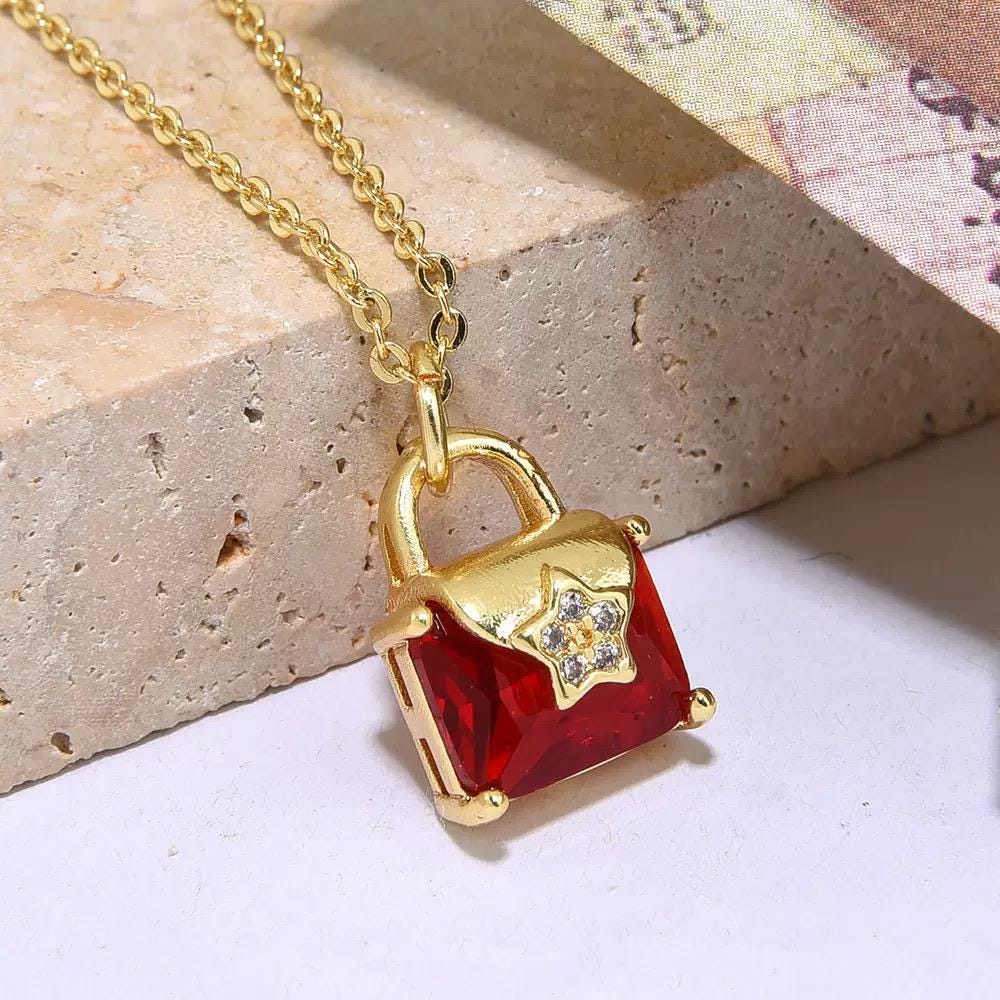 Sparkling Square Crystal Charm Necklace | Gold Plated Color Gem Pendant | Minimal Gift Necklace