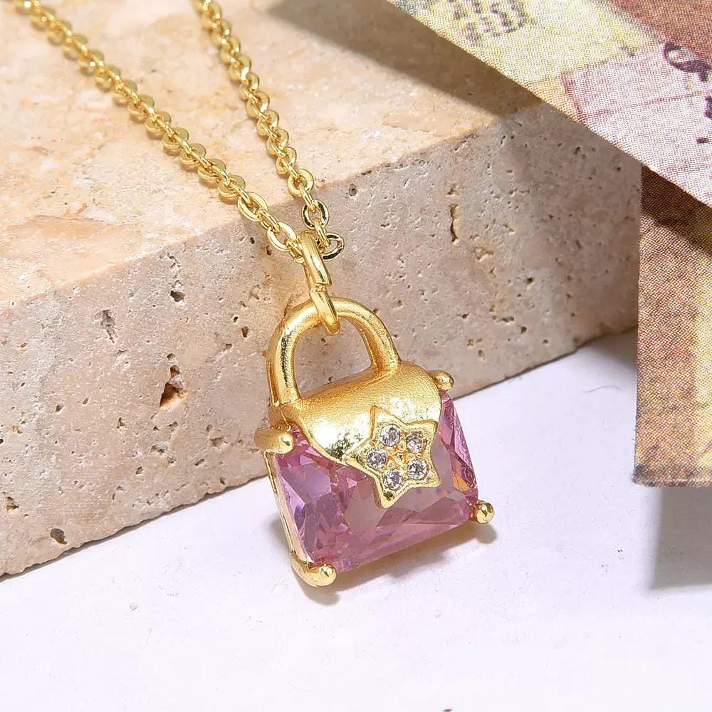 Sparkling Square Crystal Charm Necklace | Gold Plated Color Gem Pendant | Minimal Gift Necklace