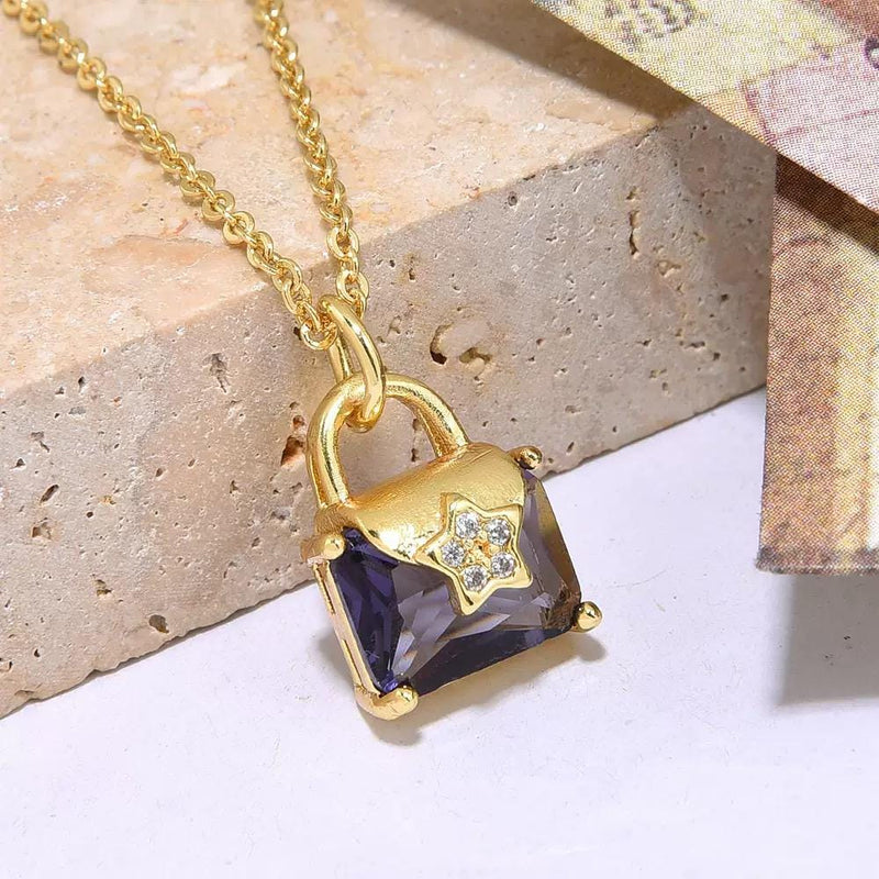 Sparkling Square Crystal Charm Necklace | Gold Plated Color Gem Pendant | Minimal Gift Necklace