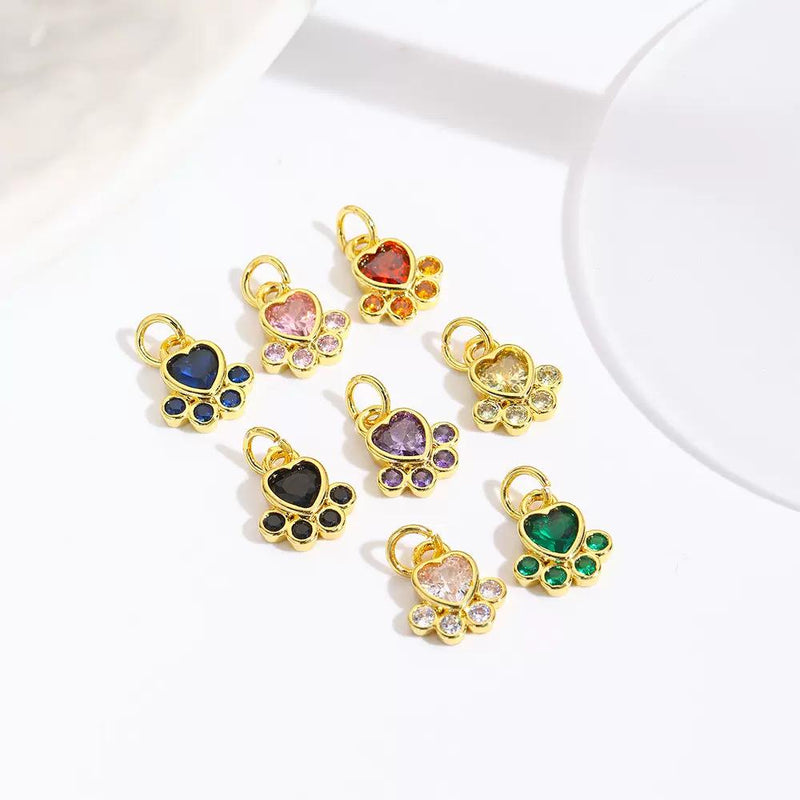 Gold Plated Heart Paw Pendant | Colorful Crystal Pet Charm add-on