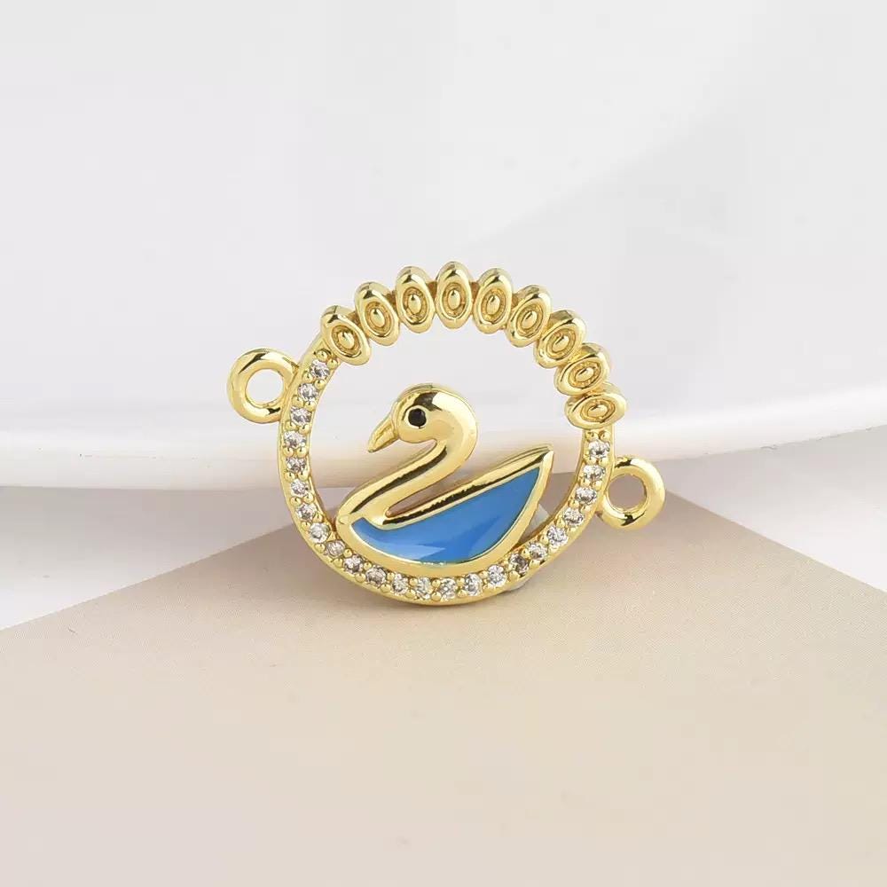 18K Gold Swan Zircon Connector Charm | Elegant DIY Jewelry Making