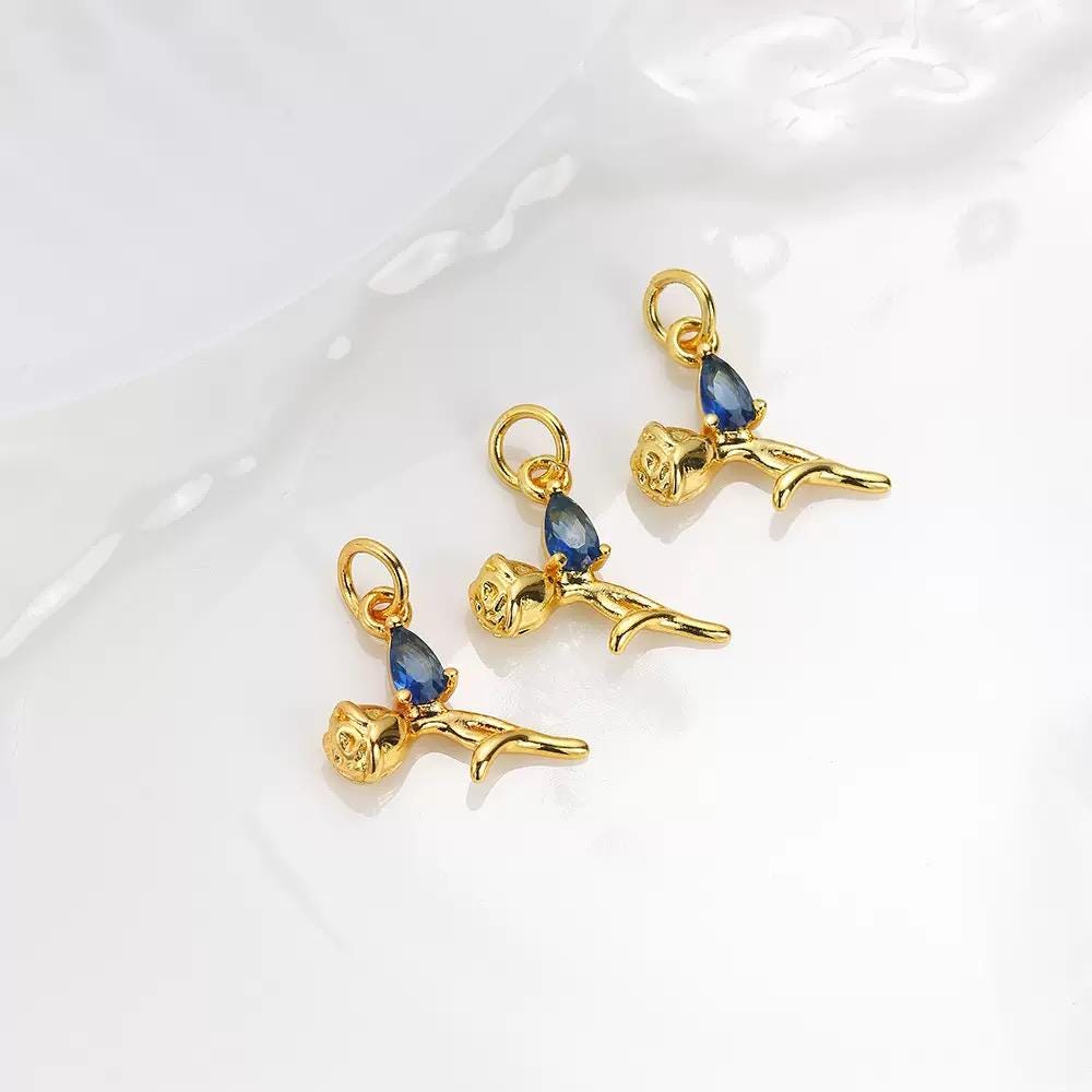 18K Gold Plated Rose Charms | Teardrop Zircon Gem Flower Charm