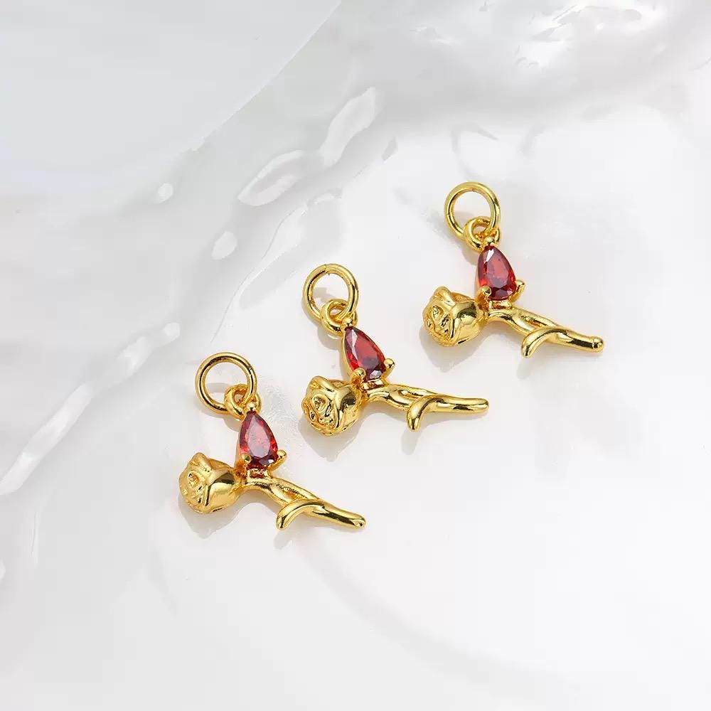18K Gold Plated Rose Charms | Teardrop Zircon Gem Flower Charm