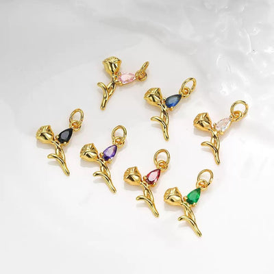 18K Gold Plated Rose Charms | Teardrop Zircon Gem Flower Charm