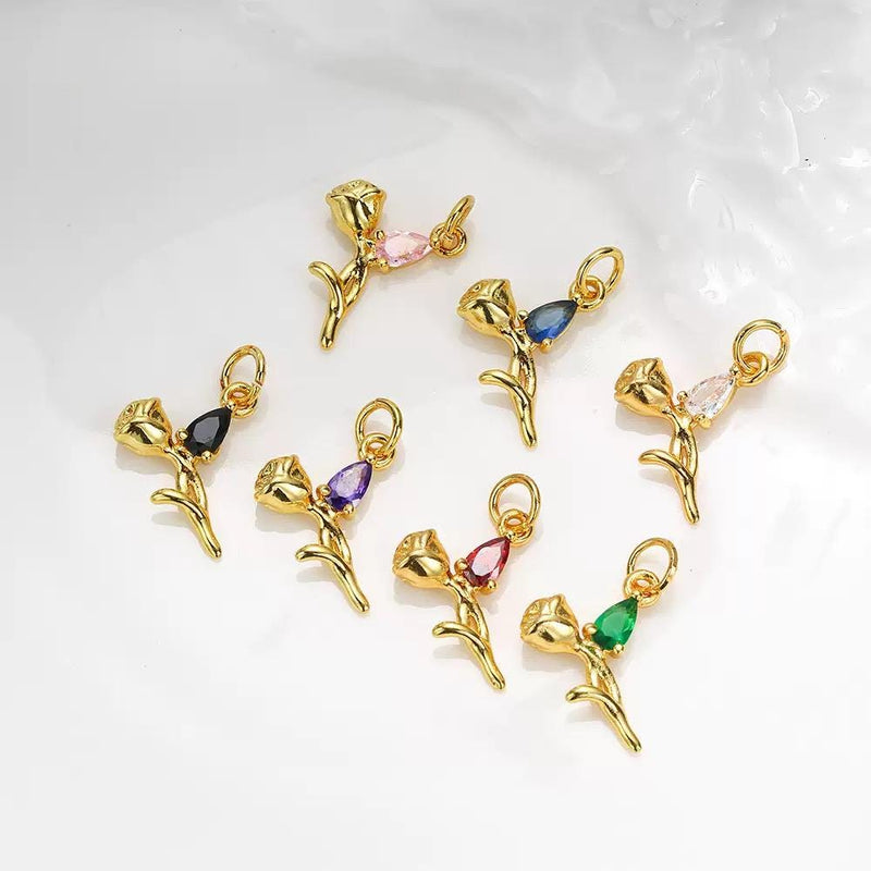 18K Gold Plated Rose Charms | Teardrop Zircon Gem Flower Charm