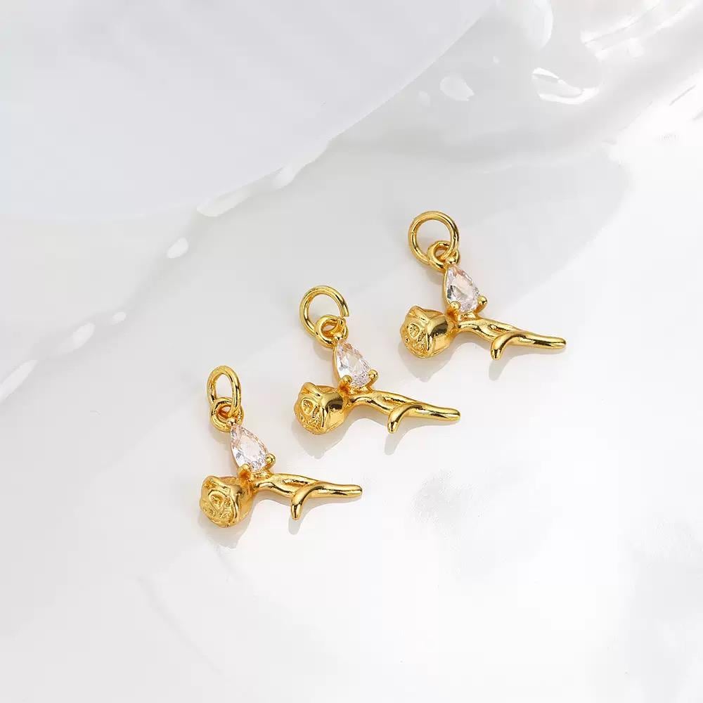 18K Gold Plated Rose Charms | Teardrop Zircon Gem Flower Charm
