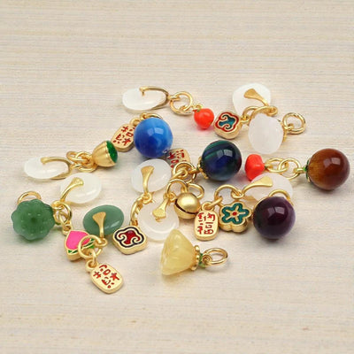 DIY Lucky Charms Set | Gold Plated Enamel Stone Charms Fortune, Jade, Peach & Bell Pendants